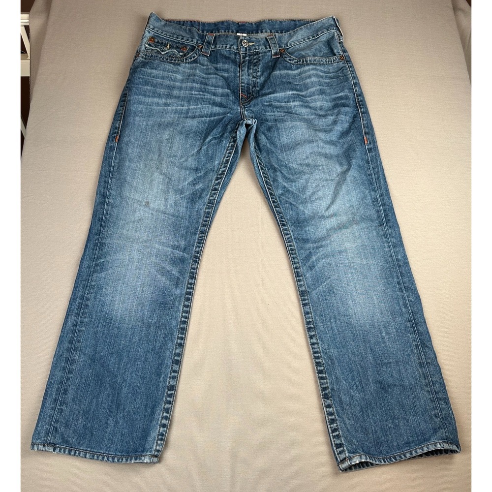 True Religion Ricky Jeans Mens 38x29 Blue Straight Flap Pocket 100% Cotton